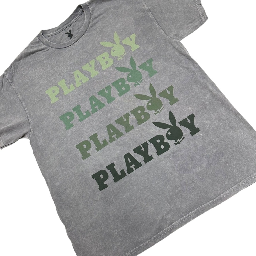 Playboy Womens Size L Graphic T-Shirt Gray Mineral Wash Green Stacked Logo NEW - Picture 2 of 4